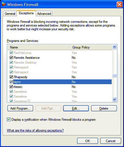 Microsoft Windows firewall settings